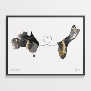 Australia to Guam Print, Guadeloupean Gift, Marble Two Countries Map Poster, Travel Art, Travel Abroad, C22-867