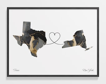 Texas to New York Map Print: Marble Two-State Art