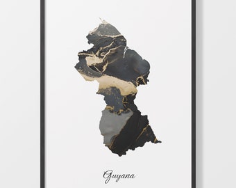 Guyana Art Print, Guyanese Map Poster, Elegant Country Artwork, Black and Gold GY Painting, Art collector map, C25-76