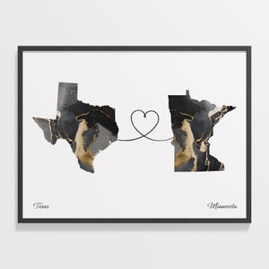 Texas to Minnesota Print, Minnesotan Gift, Marble Two Countries Map Poster, Travel Art, Moving Overseas Gift, C22-1270