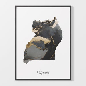 Uganda Art Print, Ugandan Map Poster, Elegant Country Artwork, Black and Gold UG Painting, Gold accent art, C25-187