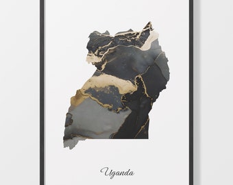 Uganda Map Art Print: Black and Gold Elegant Country Artwork
