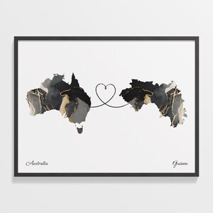 Impresión de Australia a Guinea, regalo guatemalteco, cartel de mapa de dos países de mármol, arte de viaje, mapa de viajes al extranjero, C22-869