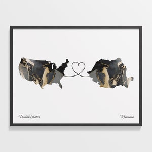 USA to Rumänien Print, Rumänische Geschenk, Marmor Zwei Länder Karte Poster, US Wandkunst, Digitale Nomaden Geschenk, C22-151