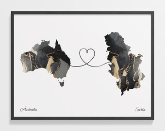 Australia Serbia Map Print: Dual Citizenship Travel Art