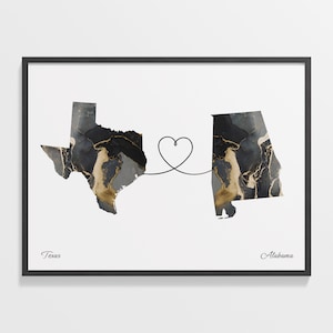Texas to Alabama Druck, Alabama-Geschenk, Marmor zwei Länder Karte Plakat, Reise-Kunst, internationale Liebe, C22-1248