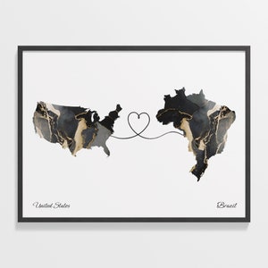 USA to Brasilien Print, Brasilien Geschenk, Marmor Zwei Länder Karte Poster, US Wandkunst, Freundschaftsgeschenk, C22-25