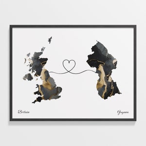 Britain to Guyana Print, Guyanan Geschenk, Marmor zwei Länder Karte Poster, UK Wandkunst, Reise ins Ausland Karte, C22-275