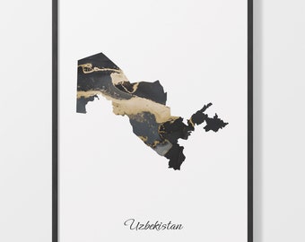 Uzbekistan Map Art Print: Black and Gold Elegant Country Artwork