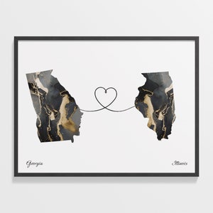 Georgia to Illinois Print, Illinoisan Gift, Marble Two Countries Map Poster, Travel Art, Expatriate Gift, C22-1573