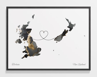 Impresión de Gran Bretaña a Nueva Zelanda, regalo neozelandés, póster de mapa de dos países en mármol, arte mural del Reino Unido, regalo LDR, C22-331
