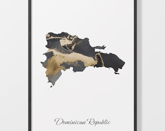 Dominican Republic Map Art Print: Black and Gold Abstract Decor