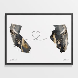 California to Illinois Print, Illinoisan Gift, Marble Two Countries Map Poster, Travel Art, Emigration, C22-1209