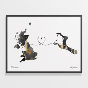 Großbritannien Kiribati Druck, I-Kiribati Geschenk, Marmor zwei Länder Karte Poster, UK Wandkunst, Länder Herz Geschenk, C22-295