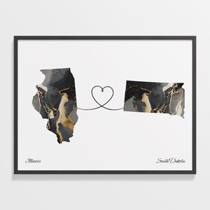 Illinois to South Dakota Print, South Dakotan Gift, Marble Two Countries Map Poster, Travel Art, New Home, C22-1497