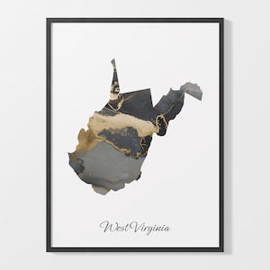 West Virginia Kunstdruck, West Virginian Map Poster, Elegantes Land Kunstwerk, Schwarz und Gold WV Malerei, Strukturierte Wandkunst, C25-249