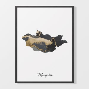 Mongolia Art Print, Mongolian Map Poster, Elegant Country Artwork, Black and Gold MN Painting, Elegant gift art, C25-123