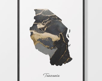 Tanzania Map Art Print: Black and Gold Elegant Country Artwork