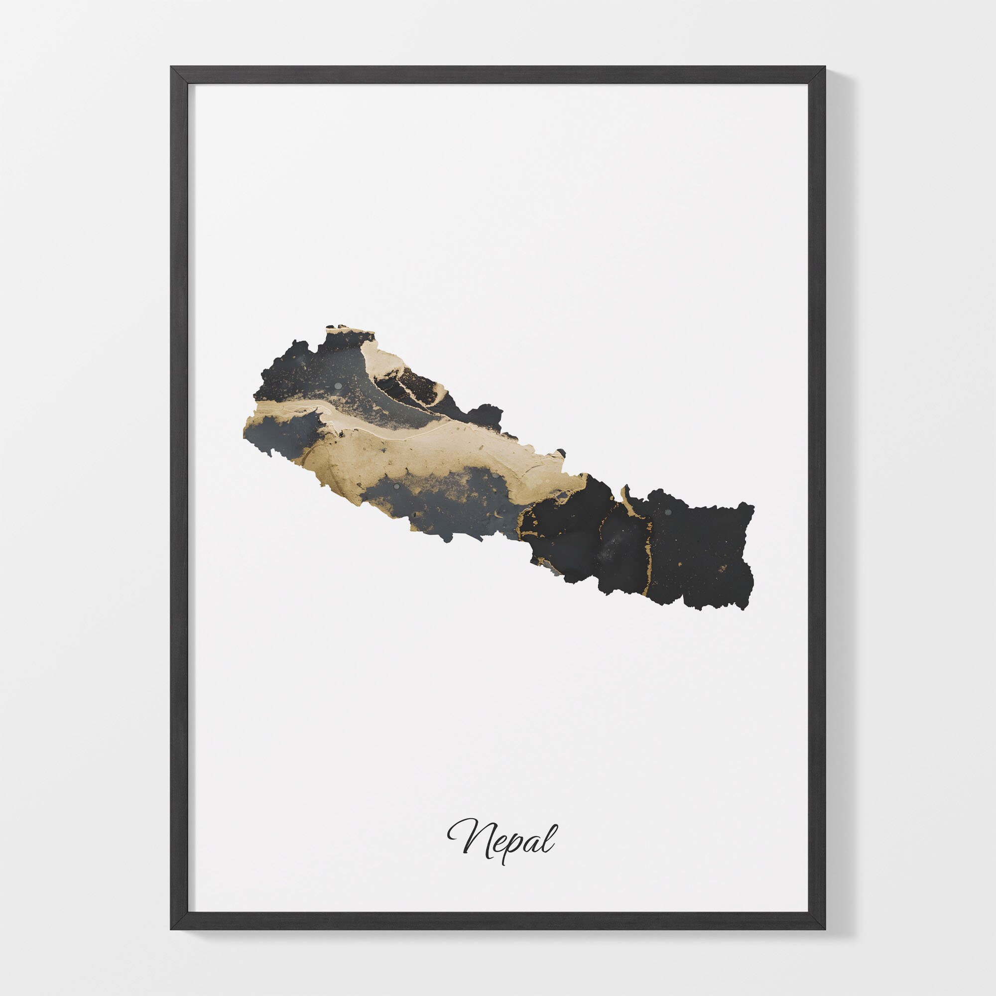 Nepal Art Print, Nepalese Map Poster, Elegant Country Artwork, Black and Gold NP Painting, Black and gold decor, C25-129