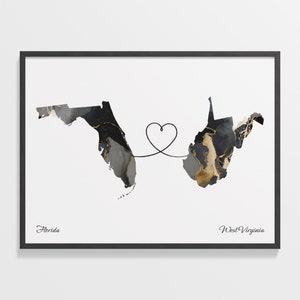 Print Florida naar West Virginia, cadeau West Virginian, marmer twee landen kaart poster, reiskunst, continentale liefdeskaart, C22-1349