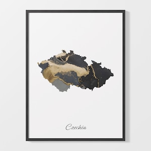 Czechia Map Art Print: Black and Gold Abstract Painting