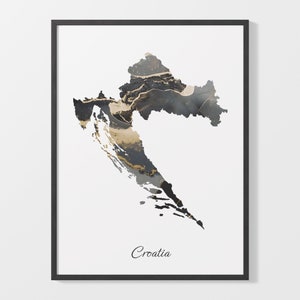 Elegantes Land Kunstwerk, Kroatische Karte Poster, Elegante Landkarte, Kroatische Kunst Druck, HR Painting, Golddruck, C25-43