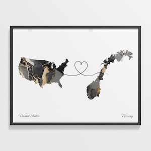 USA to Norway Print, Norwegian Gift, Marble Two Countries Map Poster, US Wall Art, Study Abroad Map, C22-137