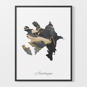 Aserbaidschan Kunstdruck, Aserbaidschan Karte Poster, elegantes Land Kunstwerk, schwarz-goldene AZ Malerei, High-End Kartendruck, C25-11