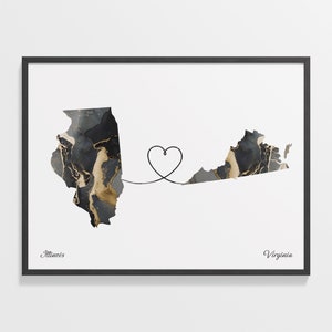 Illinois to Virginia Print, Virginian Gift, Marble Two Countries Map Poster, Travel Art, New Country Gift, C22-1501