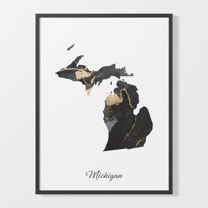 Michigan Art Print, Michigander Map Poster, Elegant Country Artwork, Black and Gold MI Painting, Decorative wall art, C25-222