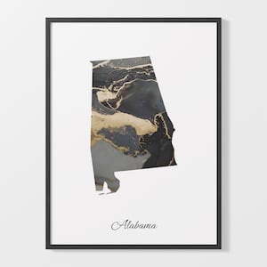 Impresión de arte de Alabama, cartel de mapa de Alabama, obra de arte elegante del país, pintura AL negra y dorada, mapa artesanal, C25-202