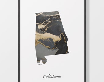 Alabama Map Art Print: Black and Gold Abstract AL Artwork