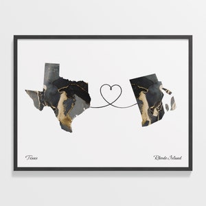Texas to Rhode Island Print, Rhode Islander Gift, Marble Two Countries Map Poster, Travel Art, Faraway Love, C22-1287