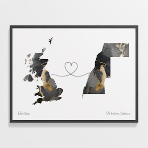 Großbritannien to Western Sahara Print, saharauische Geschenk, Marmor zwei Länder Karte Poster, Wandkunst UK, Länder Herzkarte, C22-395