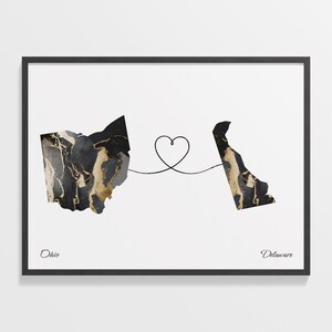 Ohio to Delaware Print, Delawarean Gift, Marble Two Countries Map Poster, Travel Art, Expat, C22-1515