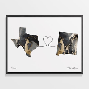Texas to New Mexico Print, New Mexican Gift, Marble Two Countries Map Poster, Travel Art, Global Love Gift, C22-1279