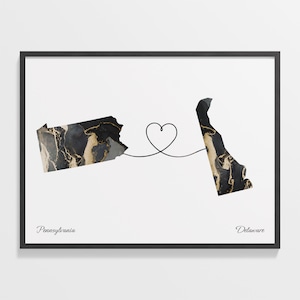 Pennsylvania to Delaware Print, Delawarean Gift, Marble Two Countries Map Poster, Travel Art, Friendship Gift, C22-1411