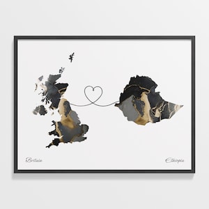 Großbritannien nach Äthiopien Druck, äthiopische Geschenk, Marmor zwei Länder Karte Poster, UK Wandkunst, Willkommen zu Hause, Karte, C22-257