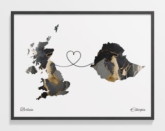 Britain to Ethiopia Print, Ethiopian Gift, Marble Two Countries Map Poster, UK Wall Art, Welcome Home Map, C22-257