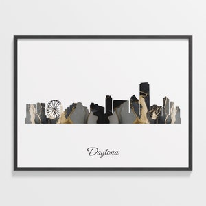 Daytona Skyline Print, Marble Cityscape, United States Wall Art Poster, Gold Skyline, City Poster, C28-416