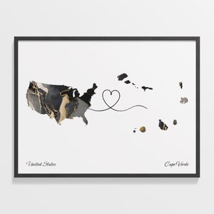 USA to Cape Verde Print, Cape Verdean Gift, Marble Two Countries Map Poster, US Wall Art, LDR, C22-33