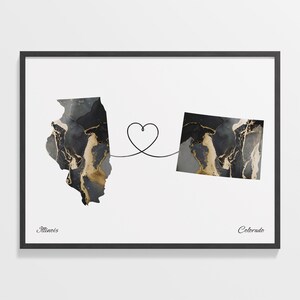 Illinois to Colorado Print, Coloradan Gift, Marble Two Countries Map Poster, Travel Art, Long Distance Map, C22-1460
