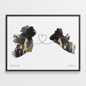 Ireland to Liberia Print, Basotho Gift, Marble Two Countries Map Poster, Travel Art, Farewell, C22-1098