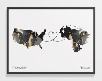 USA to Venezuela Print, Venezuelan Gift, Marble Two Countries Map Poster, US Wall Art, Borderless Love Map, C22-194