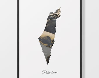 Palestine Map Art Print: Black and Gold Elegant Country Artwork