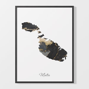 Malta Art Print, Maltese Map Poster, Elegant Country Artwork, Black and Gold MT Painting, Exclusive map art, C25-115