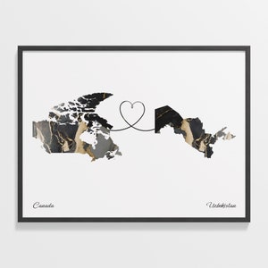 Kanada Usbekistan Druck, Usbekistan Geschenk, Marmor Zwei Länder Karte Poster, Reisekunst, Länder Herz, C22-789
