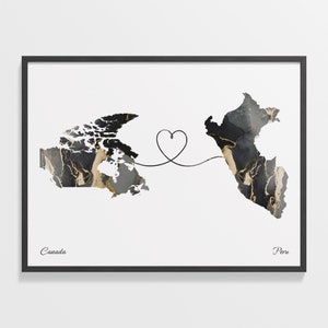Canada to Peru Print, Paraguayisches Geschenk, Marmor Zwei Länder Karte Poster, Reisekunst, Gap Jahr Karte, C22-740