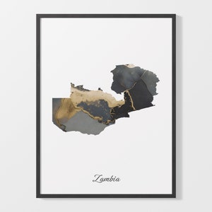 Sambia Art Print, Sambische Karte Poster, Elegante Landkarte, Schwarz Gold ZM Gemälde, Stilvoller Kartendruck, C25-198