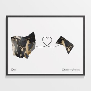 Ohio to District of Columbia Print, Washingtonian Gift, Marble Two Countries Map Poster, Travel Art, Relationship Map, C22-1514
